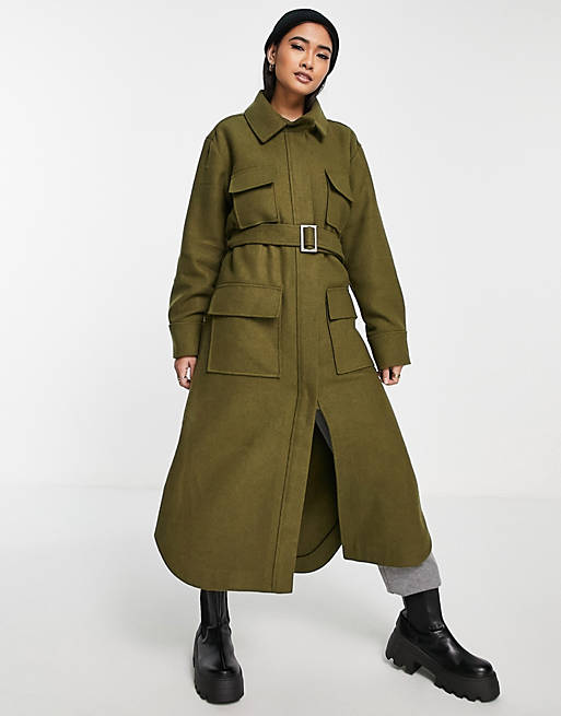 Women Topshop longline belted utility coat in khaki 