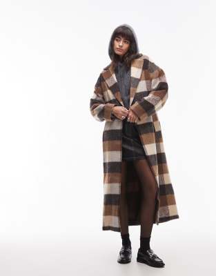 longline belted wool look coat in brown check