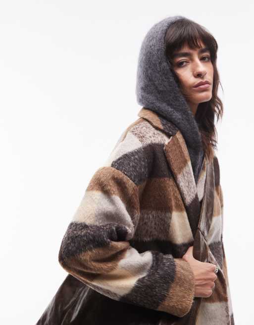 Topshop longline belted wool look coat in brown check