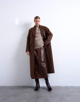 Topshop - Longline-Blazermantel aus angerautem Material in Schokobraun mit drei Knöpfen-Brown