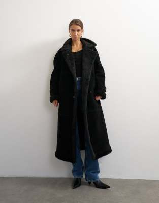 Topshop Longline Borg Trim Funnel Neck Coat In Black