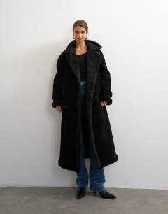 Longline borg trim funnel neck coat in black
