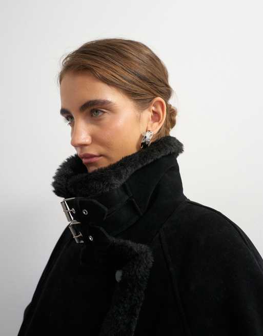 Topshop longline borg trim funnel neck coat in black, 3 of 4