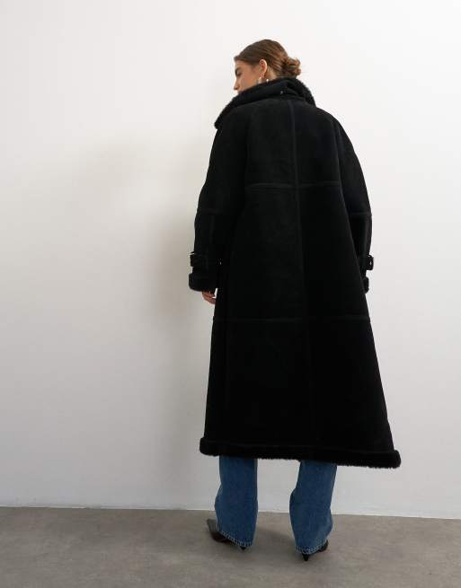 Topshop longline borg trim funnel neck coat in black, 4 of 4