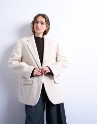 Topshop Longline Brushed One Button Blazer Coat With Wool In White