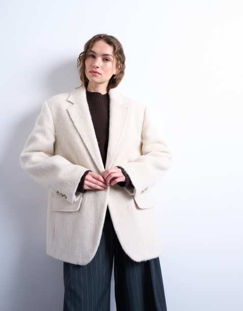 Topshop longline brushed one button blazer coat with wool in cream - view 1
