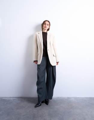 Topshop Longline Brushed One Button Blazer Coat With Wool In White