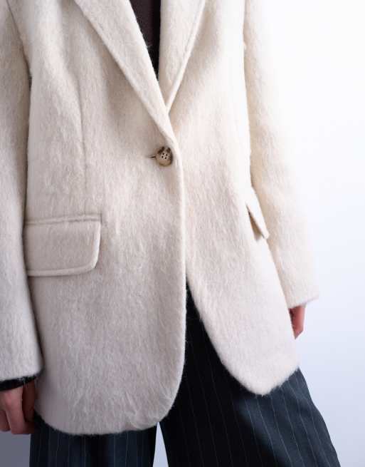 Topshop longline brushed one button blazer coat with wool in cream, 3 of 4