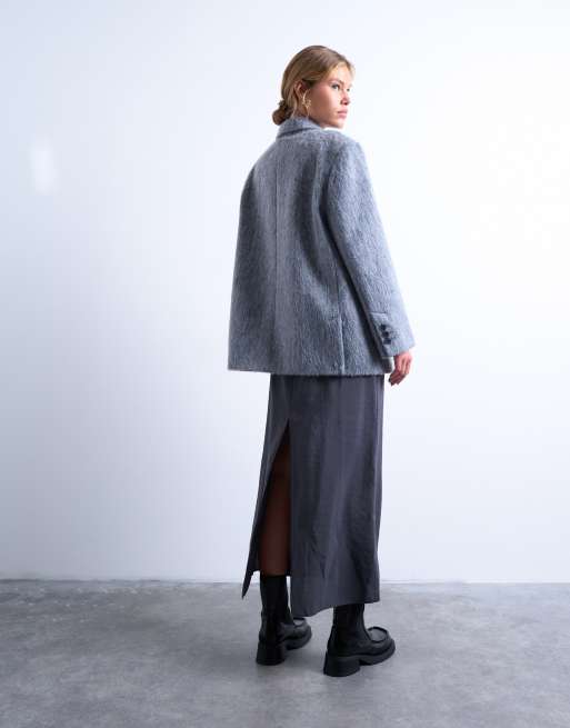 Topshop longline brushed one button blazer coat with wool in gray heather, 4 of 4
