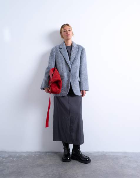 Topshop longline brushed one button blazer coat with wool in grey marl - view 1