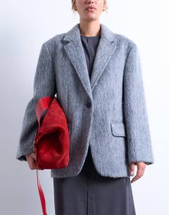Model wearing Longline brushed one button blazer coat with wool in grey marl