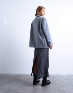 Model wearing Longline brushed one button blazer coat with wool in grey marl