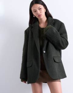 Longline brushed one button blazer coat with wool in khaki
