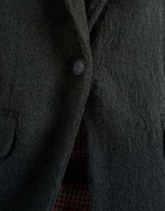 Model wearing Longline brushed one button blazer coat with wool in khaki
