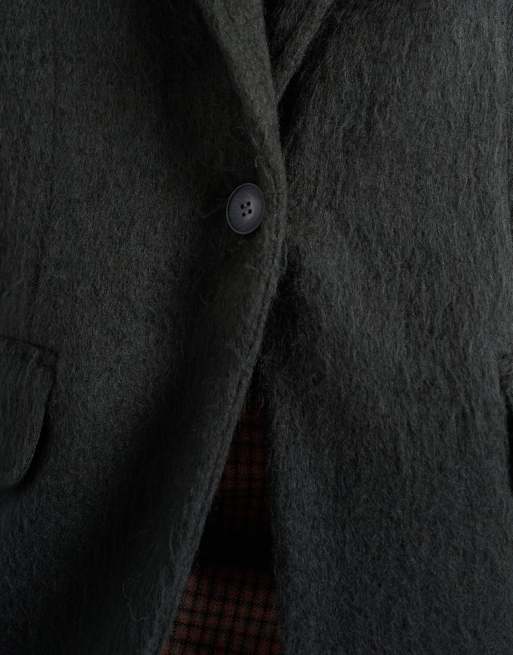 Topshop longline brushed one button blazer coat with wool in khaki, 2 of 4