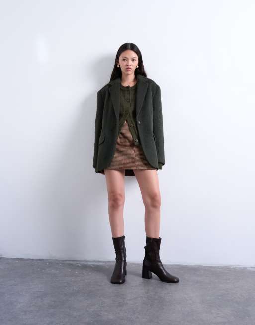 Topshop longline brushed one button blazer coat with wool in khaki, 3 of 4