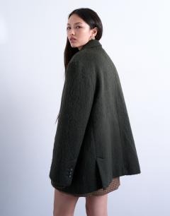Model wearing Longline brushed one button blazer coat with wool in khaki