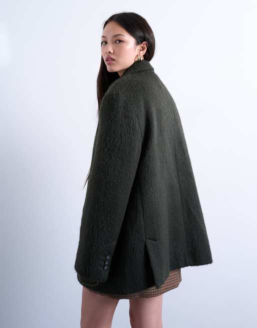 Topshop longline brushed one button blazer coat with wool in khaki, 4 of 4