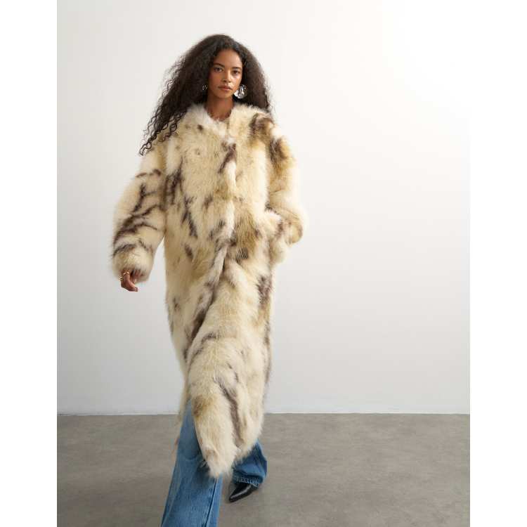 Topshop longline faux fur coat in cow | ASOS