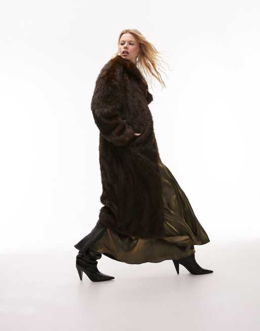Topshop longline faux fur coat in deep brown
