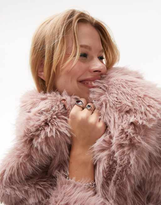 Topshop Longline Faux Fur Coat in Pink