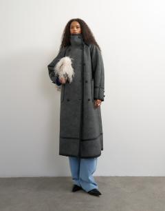 Longline faux leather funnel neck coat in black