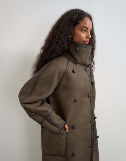 Topshop longline faux leather funnel neck coat in brown, 3 of 4