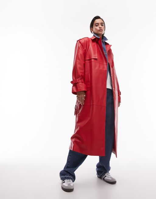 Topshop longline faux leather trench coat in red, 2 of 4