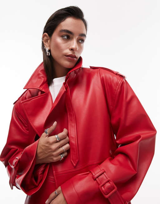 Topshop longline faux leather trench coat in red, 4 of 4