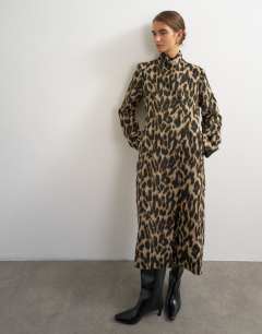 Model wearing Longline formal coat in animal print