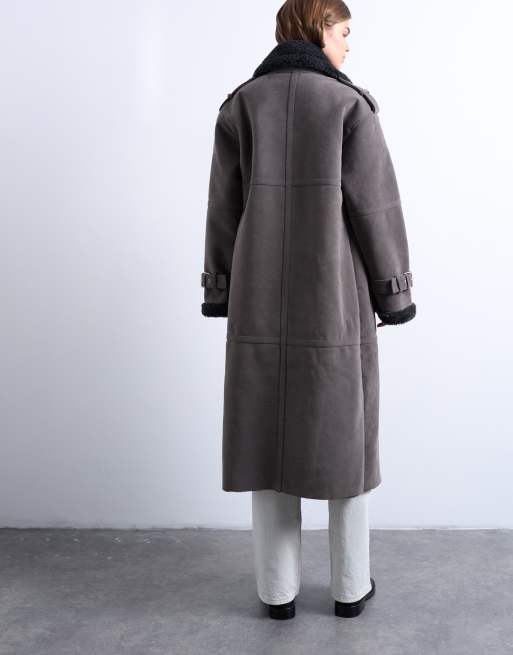 Topshop longline aviator shearling in tan cream in gray