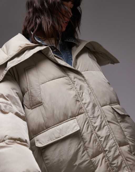 Topshop longline funnel neck puffer jacket in stone