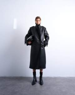 Longline funnel oversized aviator borg coat in black