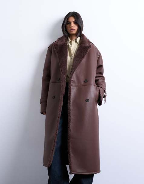 Topshop longline funnel oversized aviator borg coat in chocolate - view 2
