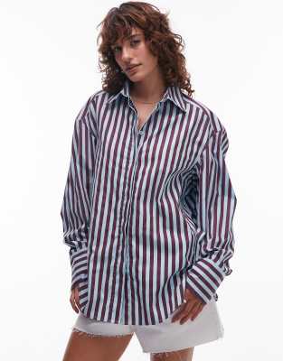 Topshop - Longline-Hemd aus Popeline in Blassblau und Burgunderrot gestreift mit extremem Oversize-Schnitt-Bunt