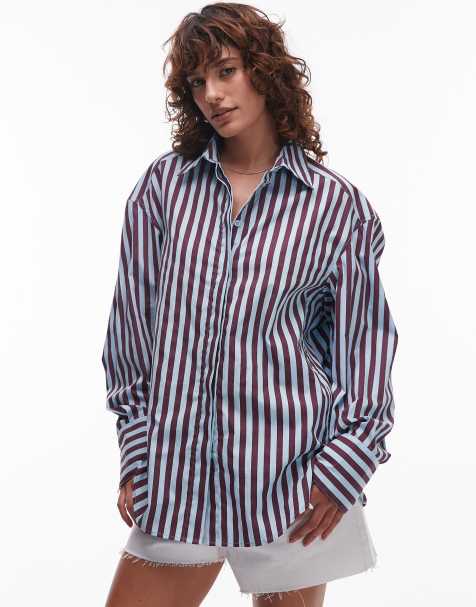 Topshop – Longline-Hemd aus Popeline in Blassblau und Burgunderrot gestreift mit extremem Oversize-Schnitt - view 1