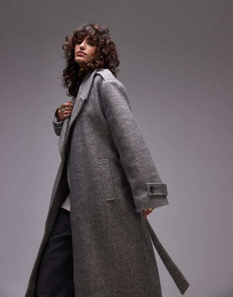 Topshop longline herringbone oversized coat in gray - view 1