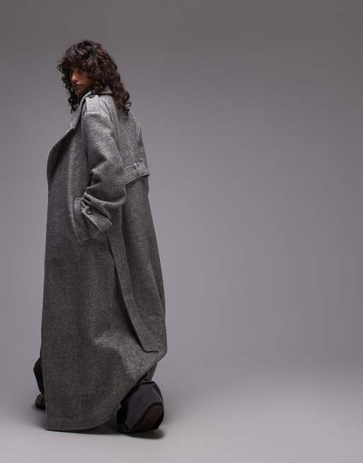 Topshop longline herringbone oversized coat in gray | ASOS