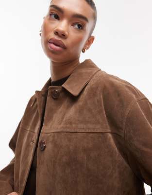 Shop Topshop Mid Length High Break Faux Suede Jacket In Brown