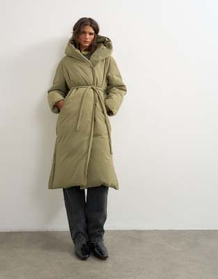 Topshop Longline Hooded Puffer Jacket In Green