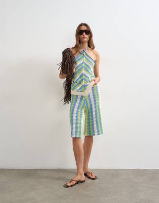 Longline-Jorts aus Strickmix in Grün und Blau gestreift, Kombiteil Grün M