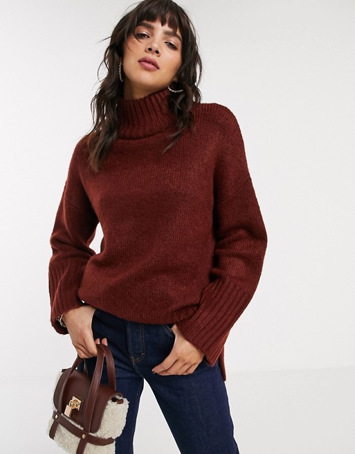 Topshop longline jumper with roll neck in red | ASOS