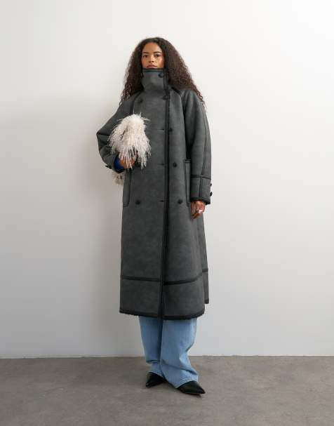 Topshop Longline-Mantel aus Kunstleder mit Stehkragen in Schwarz - view 1
