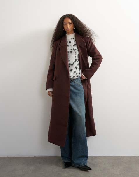 Topshop Longline-Mantel mit Gürtel in Weinrot - view 1