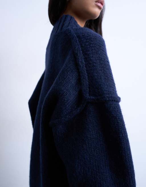 Topshop – Longline-Oversize-Strickpullover in Marineblau mit hohem V-Ausschnitt, 4 von 4