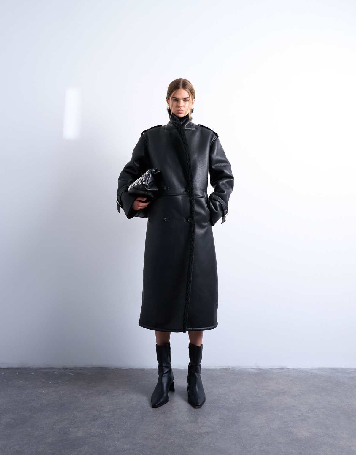 Topshop longline oversized aviator borg coat in black