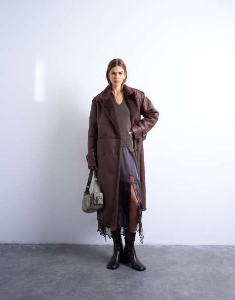 Topshop longline oversized aviator borg coat in chocolate - view 1
