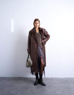 Longline oversized aviator borg coat in chocolate
