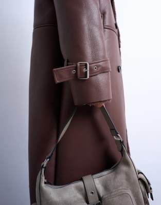 Topshop Longline Oversized Aviator Borg Coat In Brown
