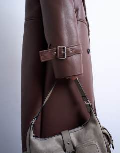 Model wearing Longline oversized aviator borg coat in chocolate